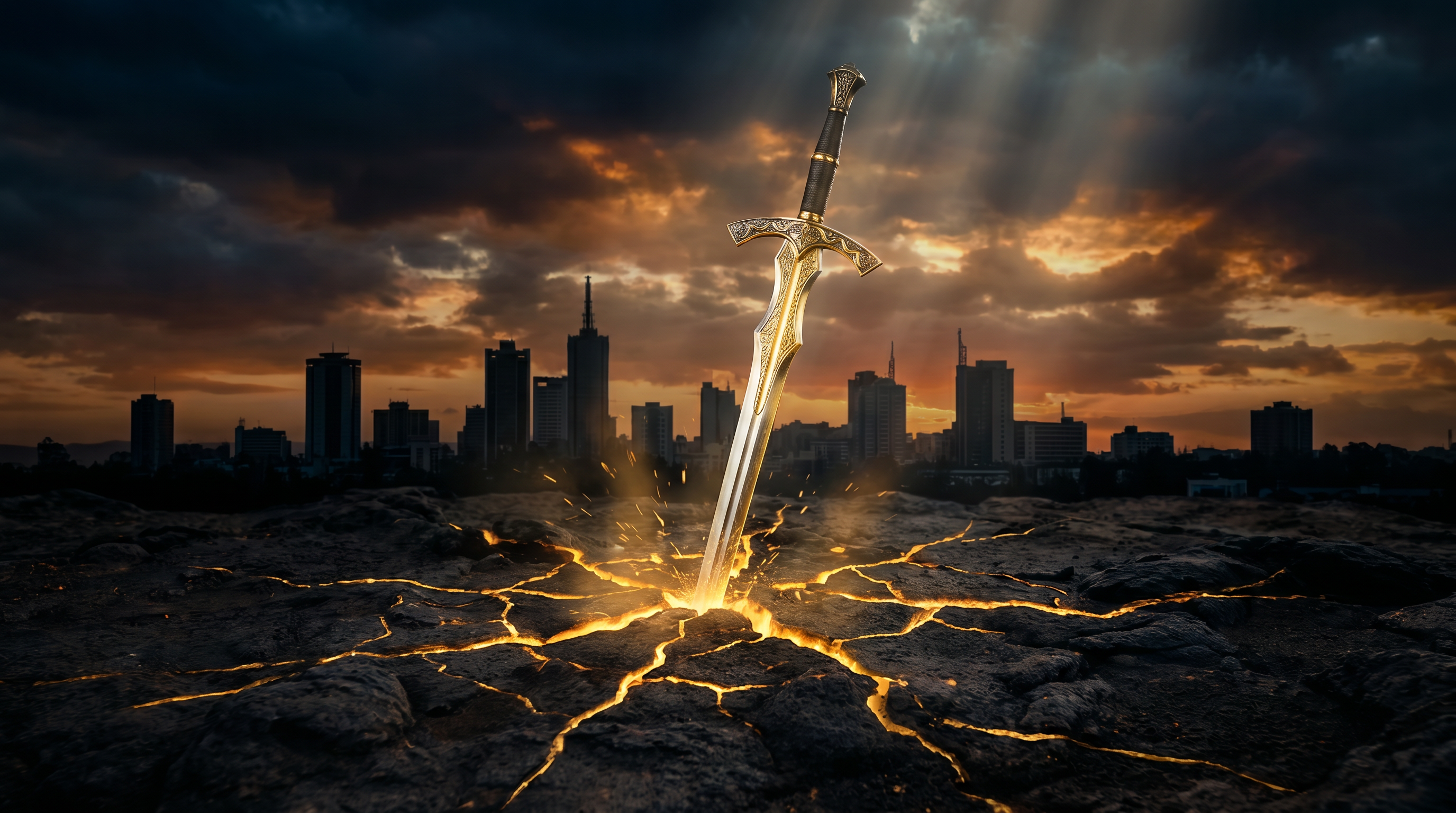 Sword of Entrepreneurship — sword thrust into cracked earth with Nairobi skyline at dusk