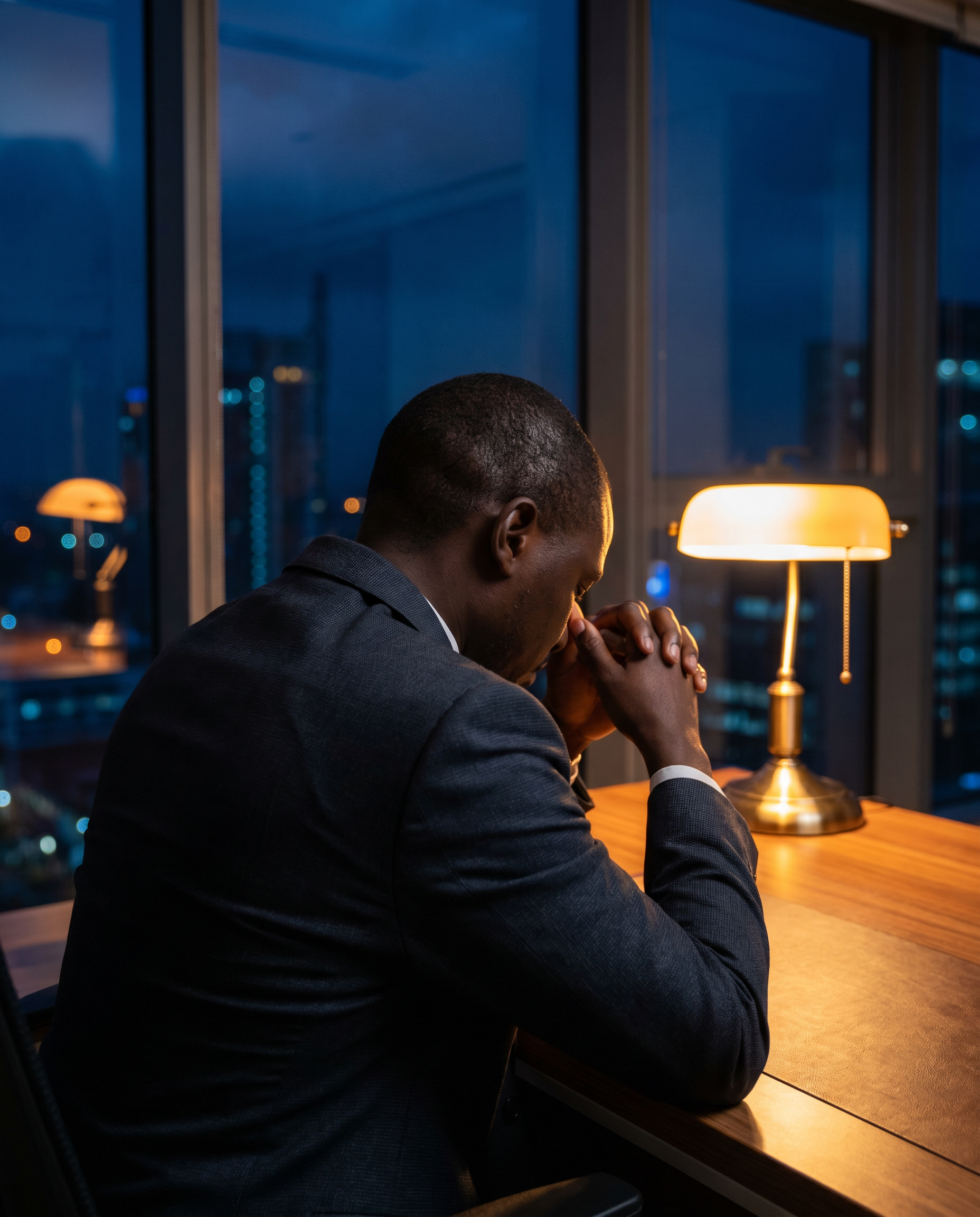 Kenyan businessman in thought at high-rise office at night
