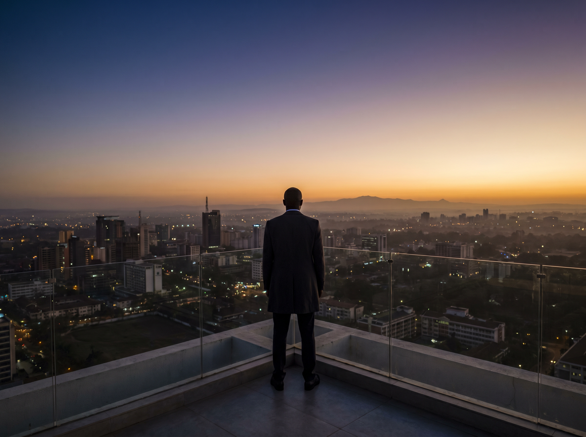Man standing at the edge of a Nairobi rooftop at dawn
