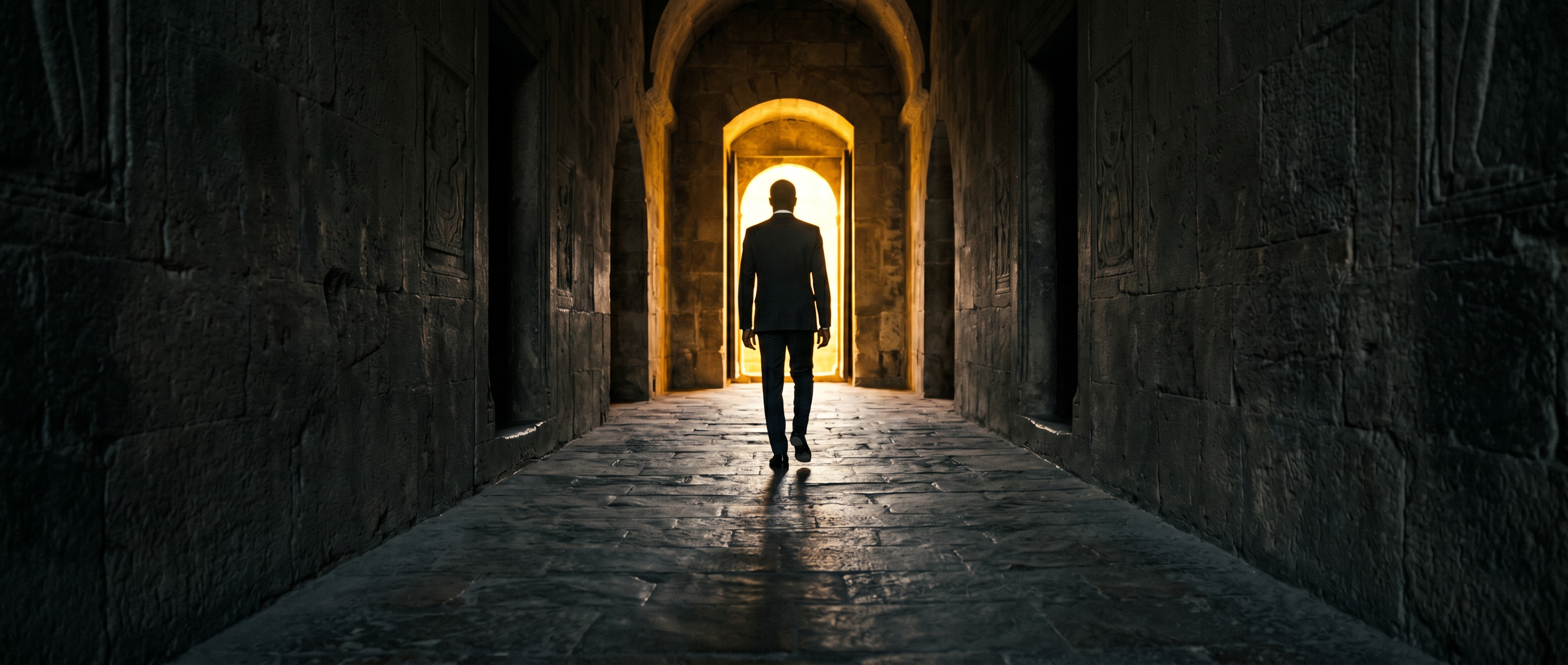 Man walking through stone corridor toward golden light