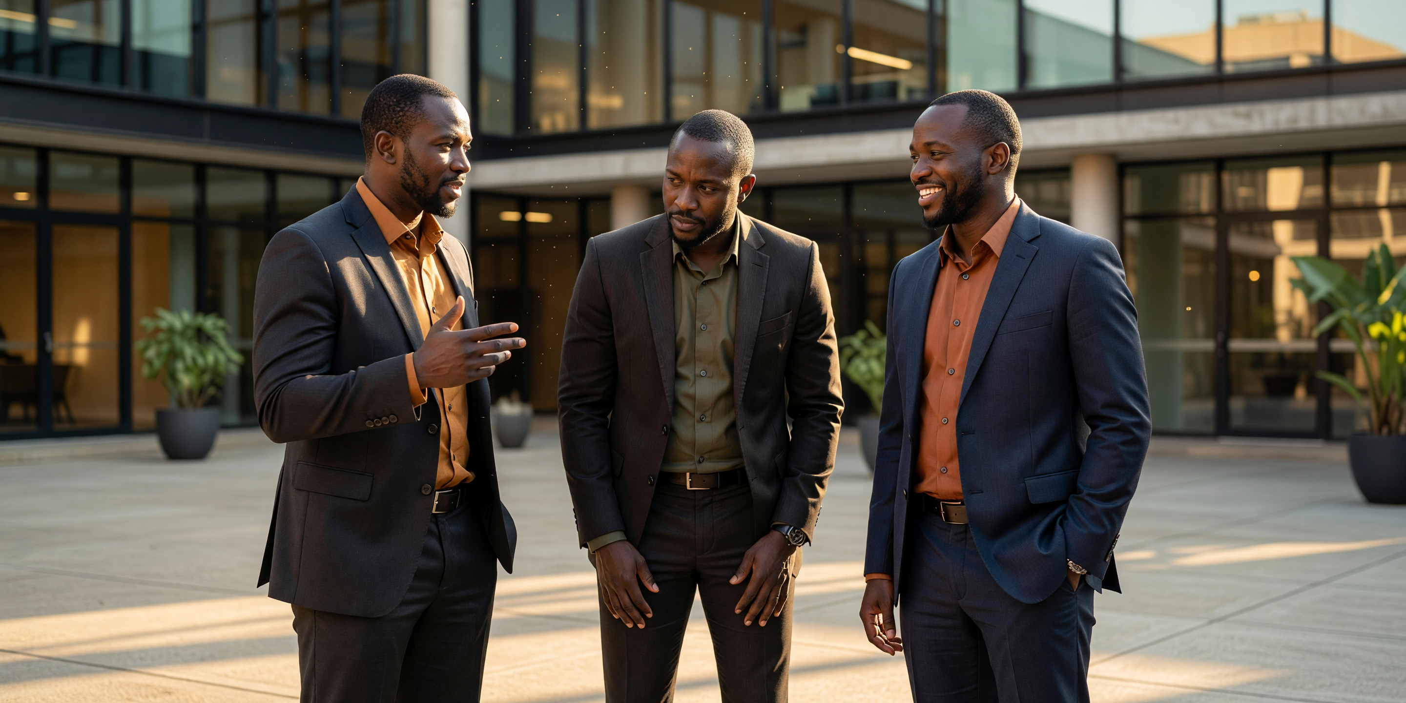 Kenyan businessmen gathering in courtyard at golden hour