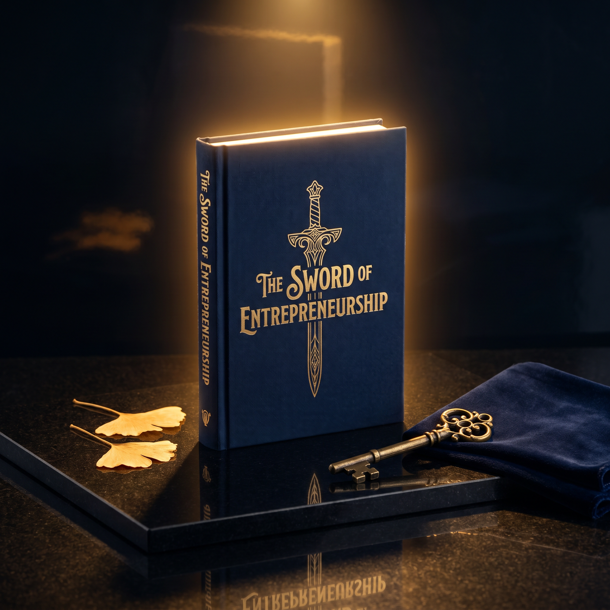 The Sword of Entrepreneurship book on dark surface with golden light
